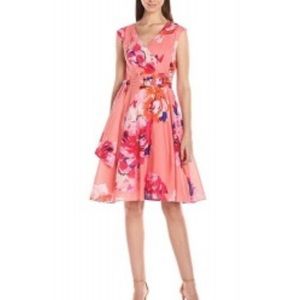 Calvin Klein Cap Sleeve Fit & Flare Floral Print Coral Party Dress Size 4